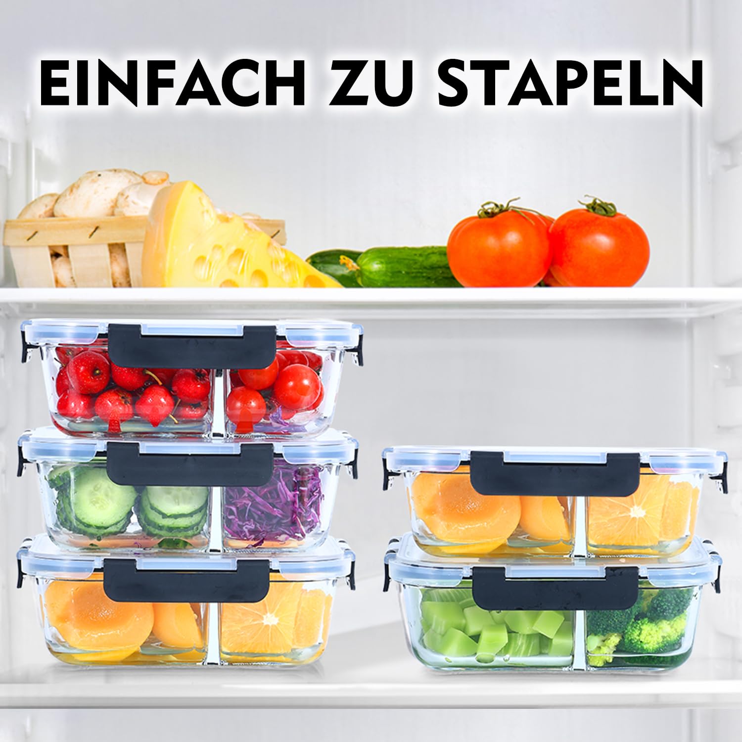 Meal Prep pojemniki szklane z pokrywką, 1 i 2 i 3 przegródki (3 sztuki, 1040 ml), pojemniki szklane z pokrywką, z kontrolą porcji, hermetyczne, bezpieczne w piekarniku i zamrażarce
