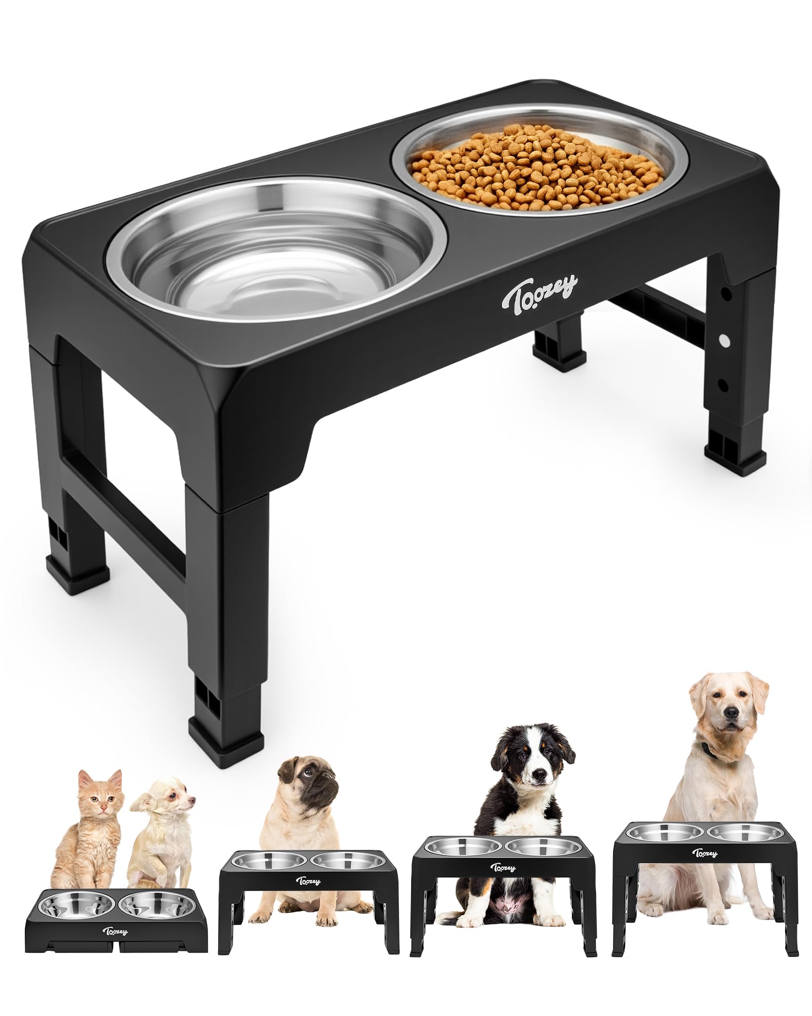 Toozey Raised Dog Bowl Height-Adjustable, Elevated Dog bowls with 2x 1200ml Stainless Steel Bowls, for Small Medium & Large Dogs, Non-Slip and No Spill, Black