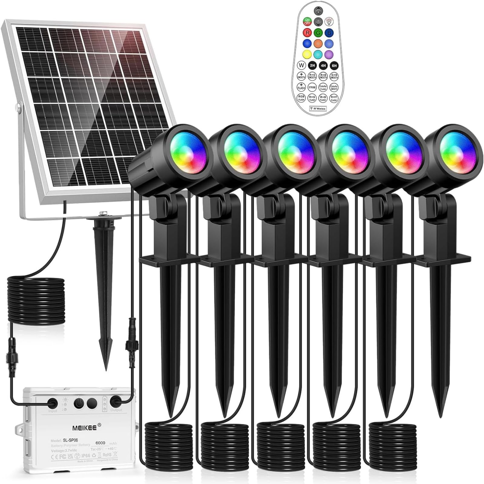 MEIKEE Solar Spotlight RGB 6 in 1 Solar LED Outdoor LED Garden Lights Fernbedienung Wasserdicht IP66 10 Farben 12 Modi Farbwechsel 6 Helligkeitsstufen 6000mAh Solarleuchten für Garten Weg Patio
