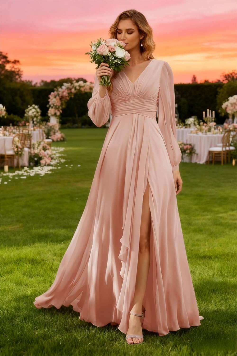 Noras dress Women's V Neck Bridesmaid Dresses Long Sleeves 2025 Chiffon A Line Formal Dress Long with Slit NON002 - Image 6