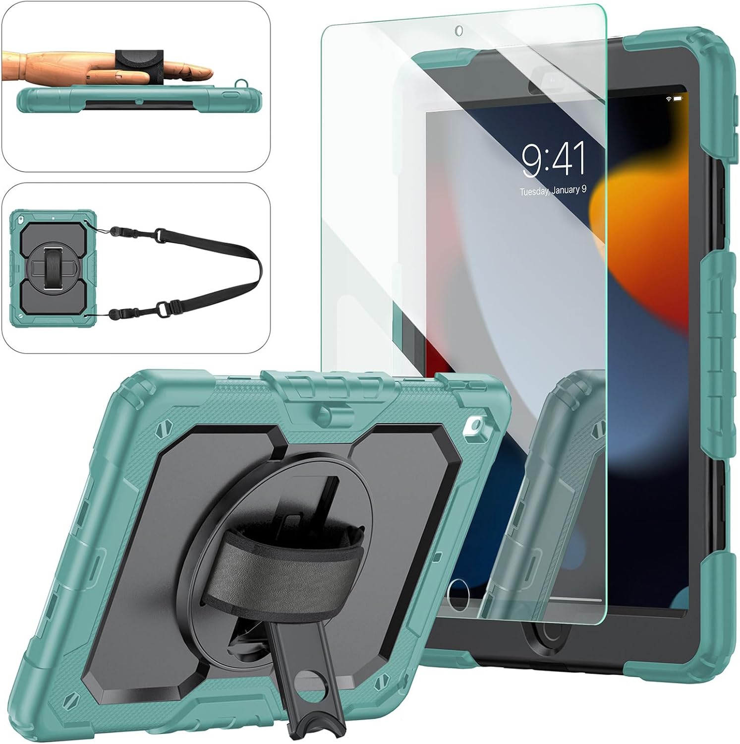 Ambison Case for iPad 9th/8th/7th Generation 10.2'' 2021/2020/2019, [Kid Proof] Full Body Protective Case with 9H Tempered Glass Screen Protector, 360° Rotatable Kickstand & Hand Strap (Teal & Black)