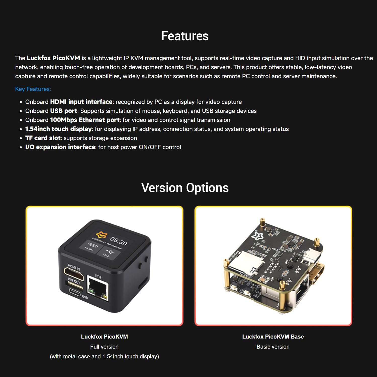 LUCKFOX PicoKVM with Metal Case and 1.54-Inch Touch Display - Remote IP KVM for Server/PC Management, HDMI Capture, HID Simulation, Low Latency Control