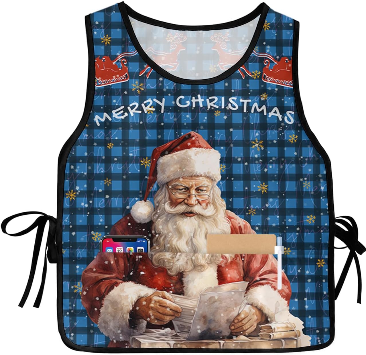 Christmas Santa Cobbler Aprons with 2 Pockets for Women Men, Elk Buffalo Plaid Check Blue Snowflake