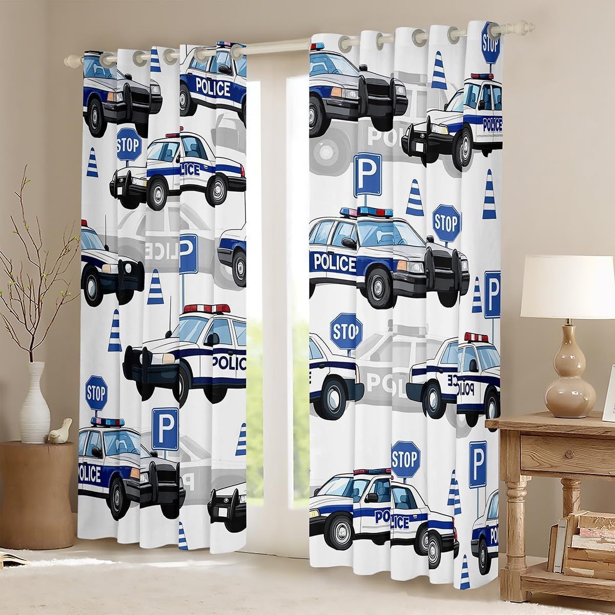 Manfei Police Car Kids Adults Window Curtain,Watercolor 3D Car Police Lover Window Treatment Curtain,Boys Teens Car Traffic Road Sign Window Drapes for Teens Child Bedroom Decor,52Wx63L