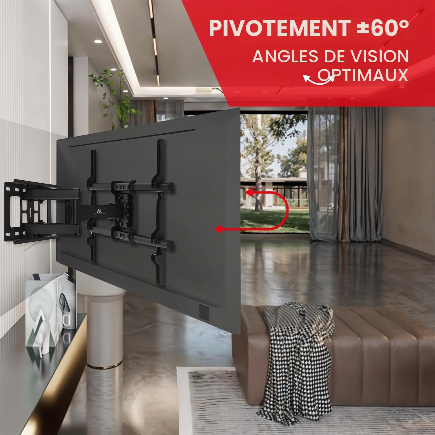 Maclean Support mural pour téléviseur de 32 à 85" | Inclinable et pivotant | Charge maximale : 60 kg | Distance au mur : 65 à 390 mm | VESA 200 x 100 - 600 x 400 mm | Pour OLED QLED LCD | Avec niveau