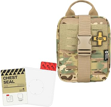 Rhino RESUE Bundle-Vented Chest Seal, 4 Vents, Sterile Emergency Trauma Dressing, Occlusive Adhesive Pad+Trauma Kit with C-A-T Tourniquet, Tactical First Aid Kit Molle Pouch for Military