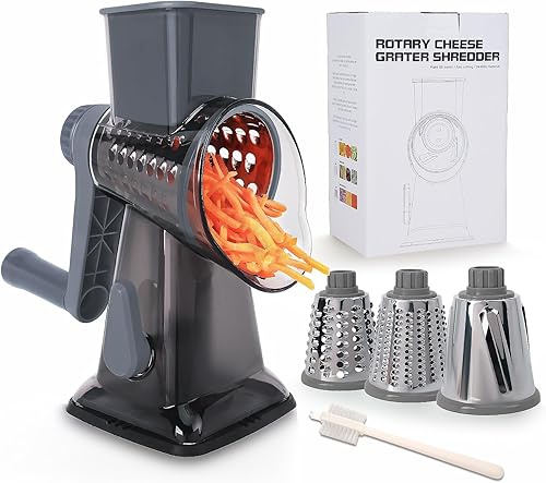 Rallador rotativo de queso multiusos de acero inoxidable, rallador de queso con mango Rejilla sin esfuerzo de verduras, nueces y frutas, con base de