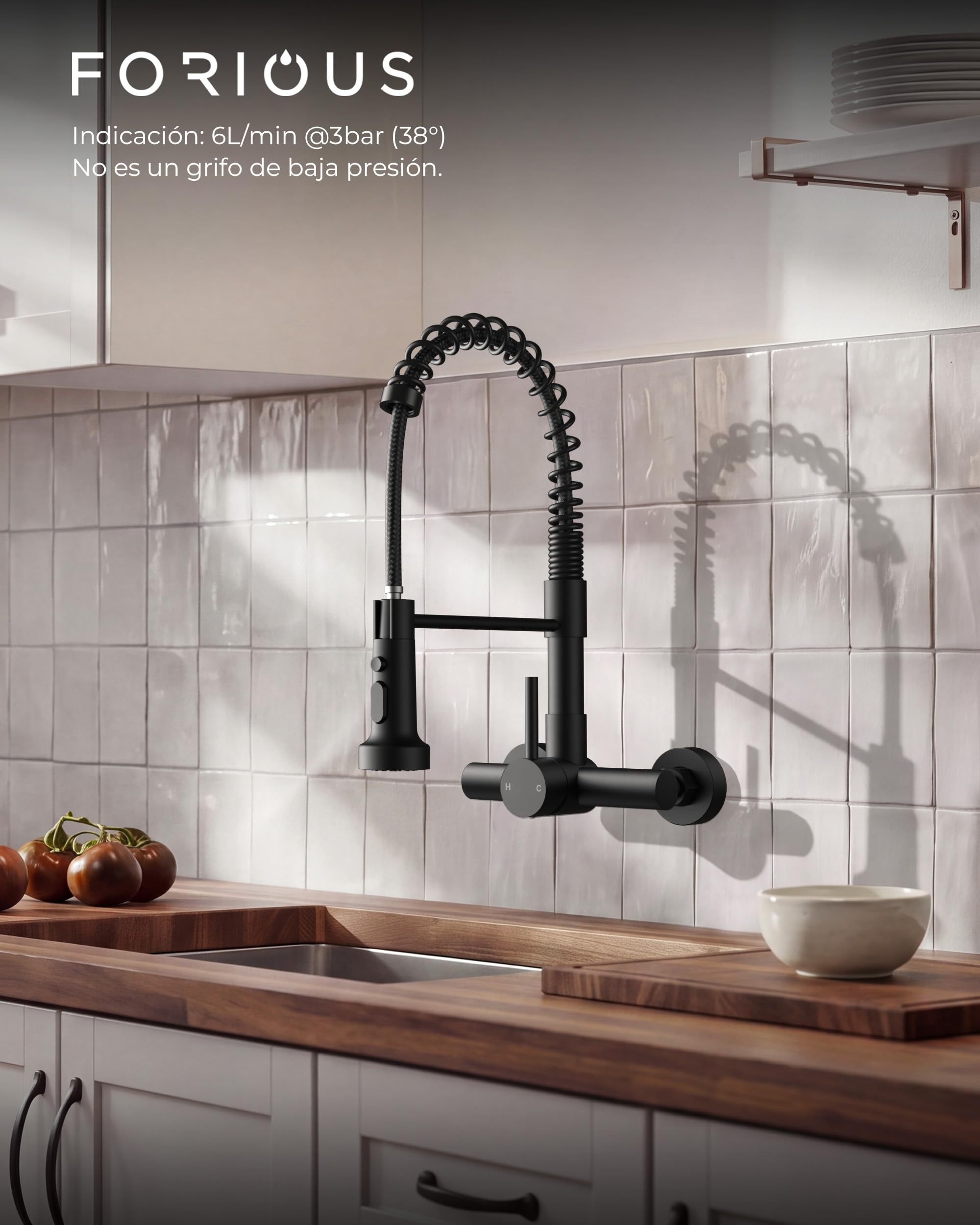 FORIOUS Grifo de Cocina de Pared 15 cm con Ducha Extensible, 3 Funciones