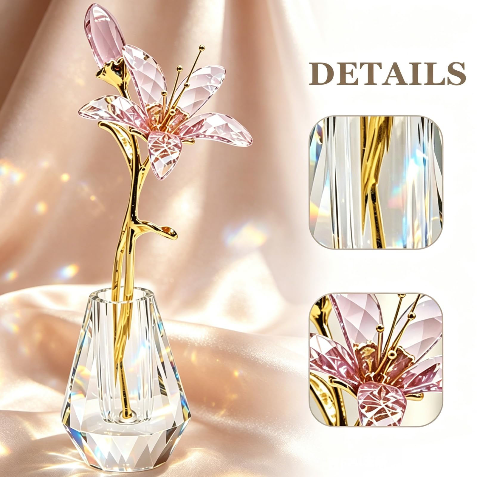 Hoypeyfiy Kristall-Lilienblume Floralfigur Figur Sammlerstücke für Frauen, Glas-Pink-Lilie mit Kristallvase und Metallstiel, ideal für Heim-, Hochzeits- und Partydekoration