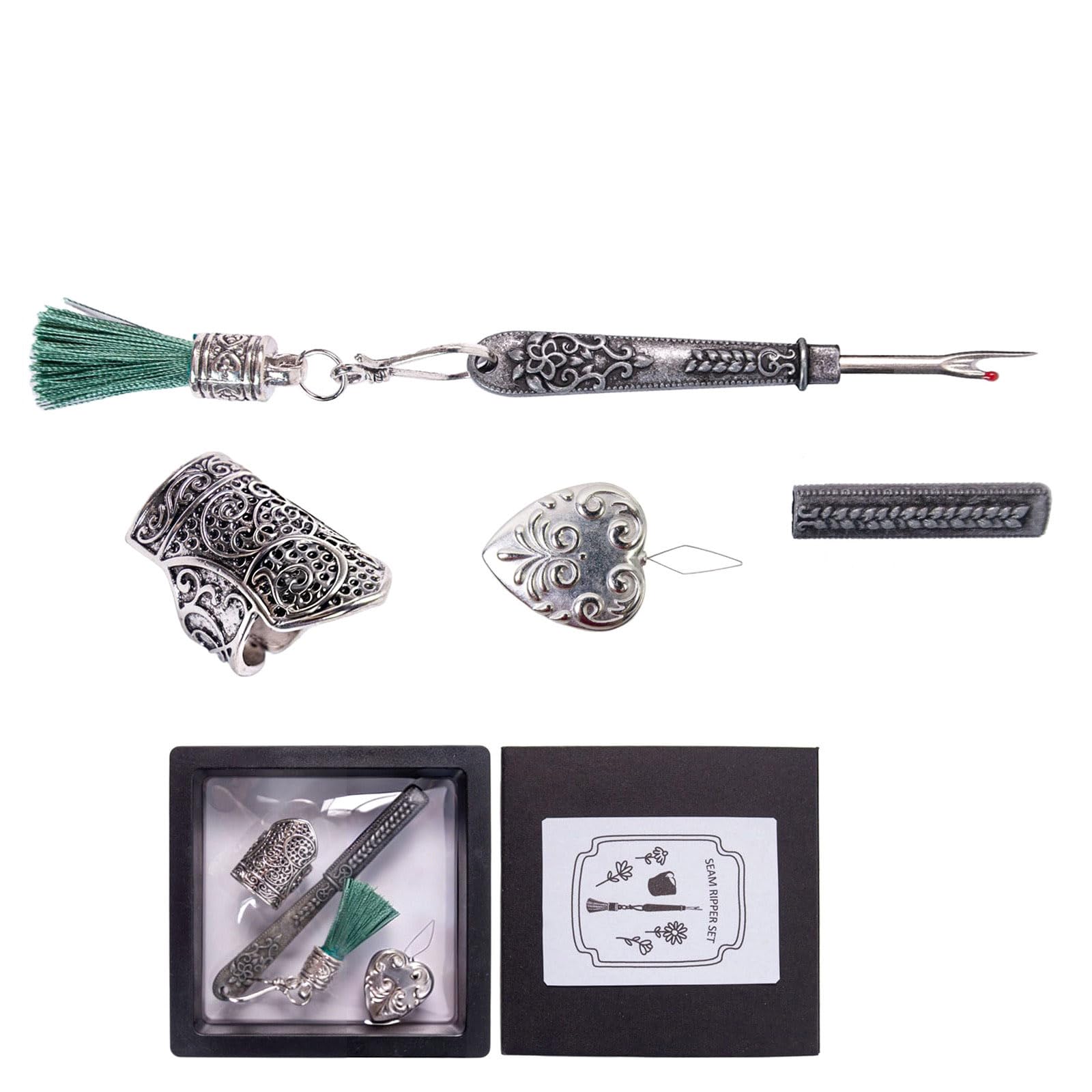 Zeiwohndc Retro Metal Seam Unpicker with Needle Threader and Thimble Finger Cover for Sewing Clothing Repair Tailoring Professional Sewing Tool Set Includes Seam Unpicker