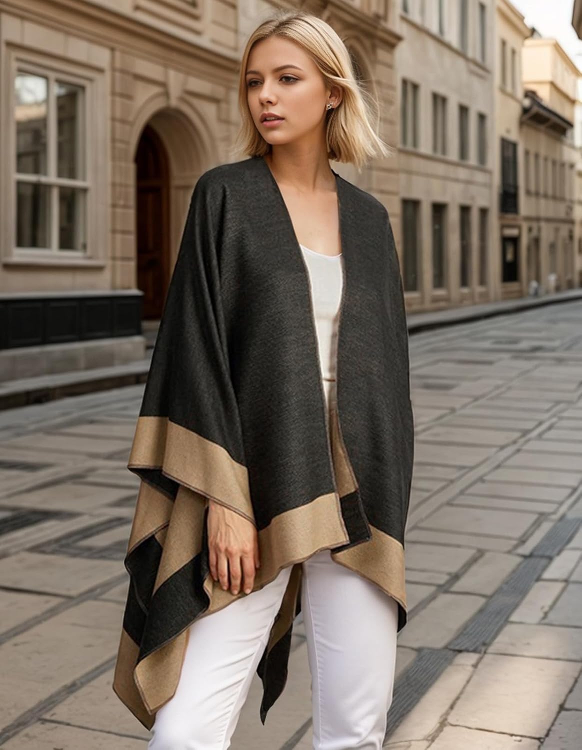 Women's Shawl Wraps Open Front Poncho Cape Oversized Sweaters Casual Cardigan Shawls for Fall Winter - Image 2