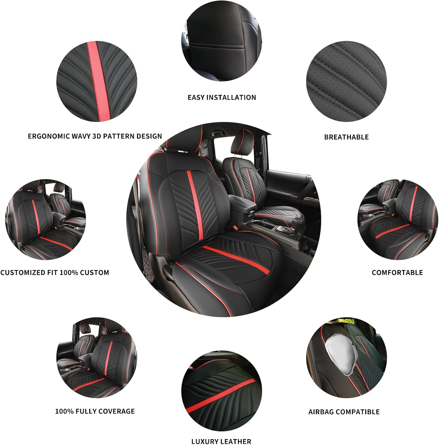 Leather Seat Covers Custom Fit for Toyota Tacoma 2016-2023 3rd Gen Double & Crew Cab SR SR5 Limited TRD Sport/Pro/Off Road,Interior Accessories,Full Coverage Seat Protector, Red Black