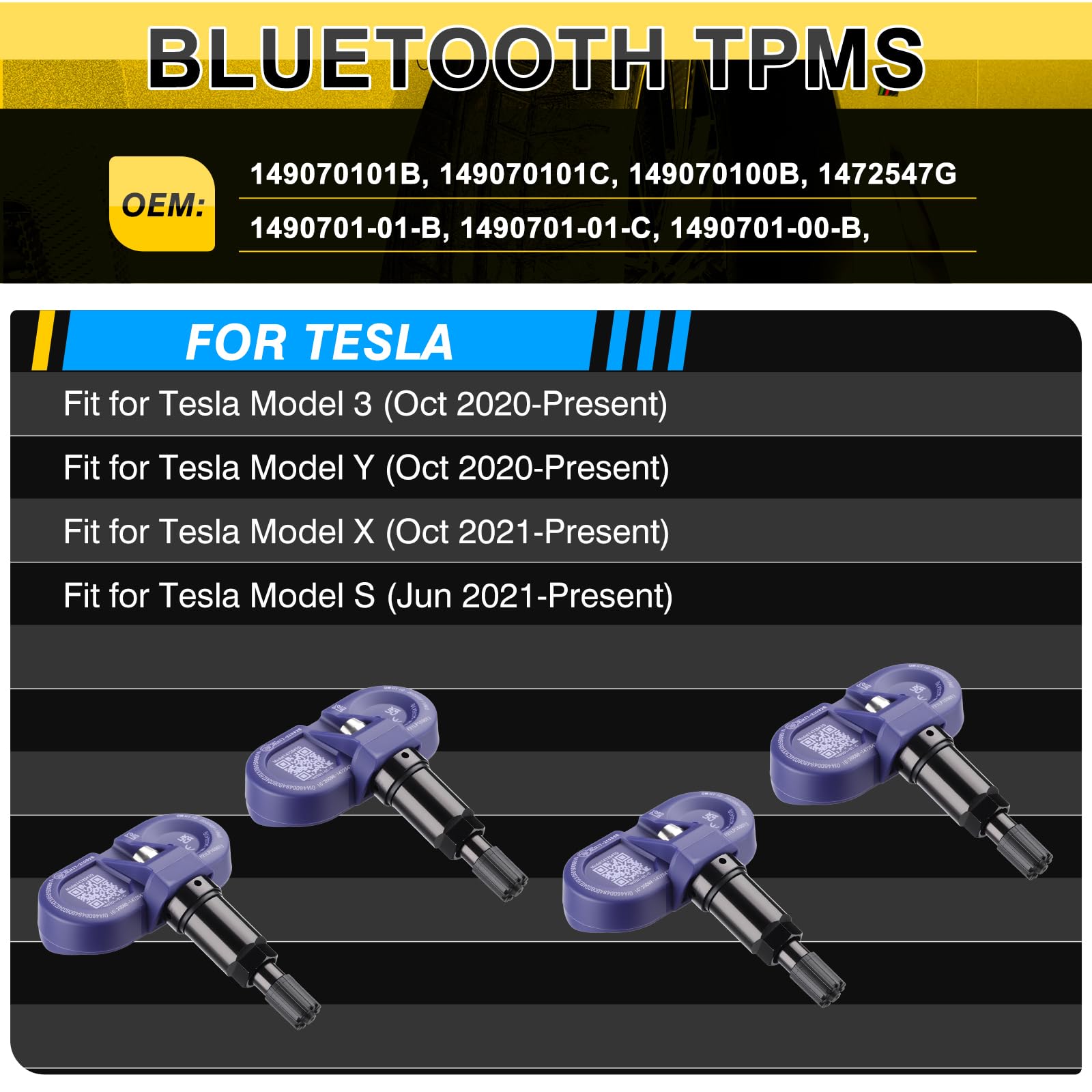 4 Stück Bluetooth Reifendrucksensor für Tesla, TPMS Sensor RDKS Reifendruckkontrollsystem Kompatibel mit 2020-2025 Tesla Model S/3/X/Y 149070101C 1490701-01-B 1490701-01-C