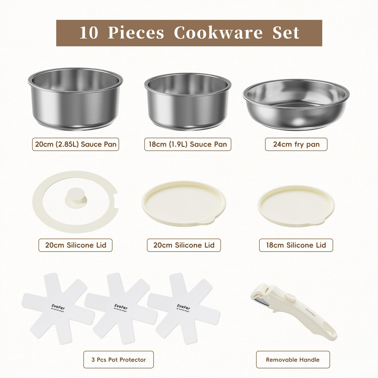 Juego de 10 sartenes de acero inoxidable con asas extraíbles, sartén de 24 cm, cacerola de 18/20 cm, apilables, para todo tipo de cocinas (plata)