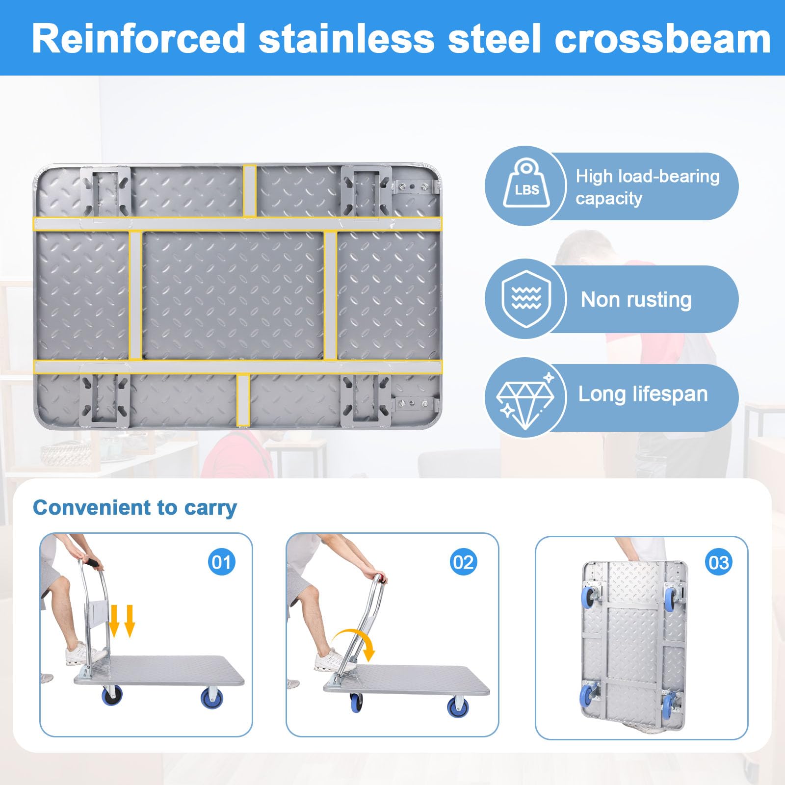 Carrello pieghevole in acciaio al carbonio carrello a mano resistente (58 x 89 cm)
