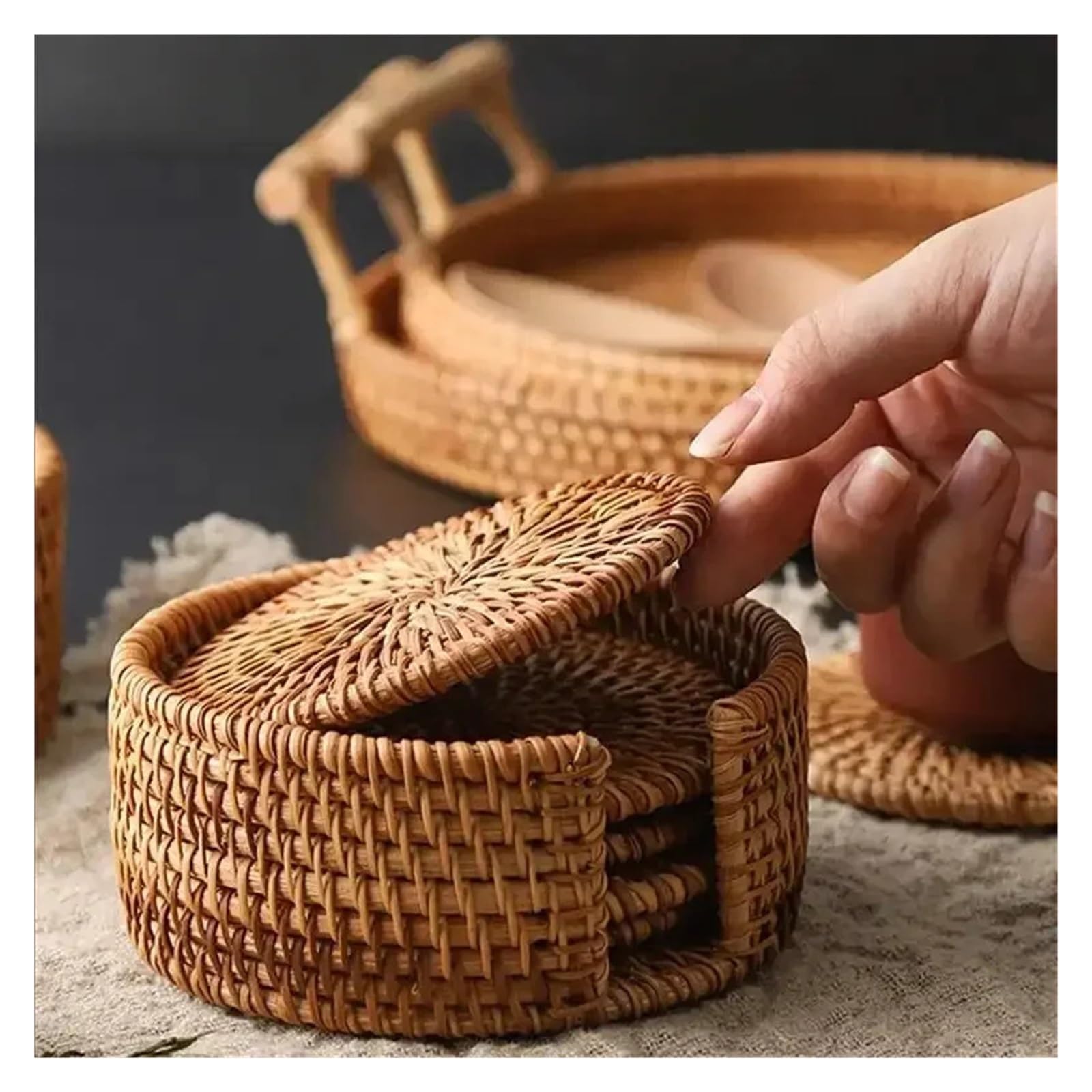 sous-Verres en rotin Fait à la Main, Ensemble de Vaisselle for cérémonie du thé, Dessous Verre Absorbant tissé, Bol isolé, 6 pièces