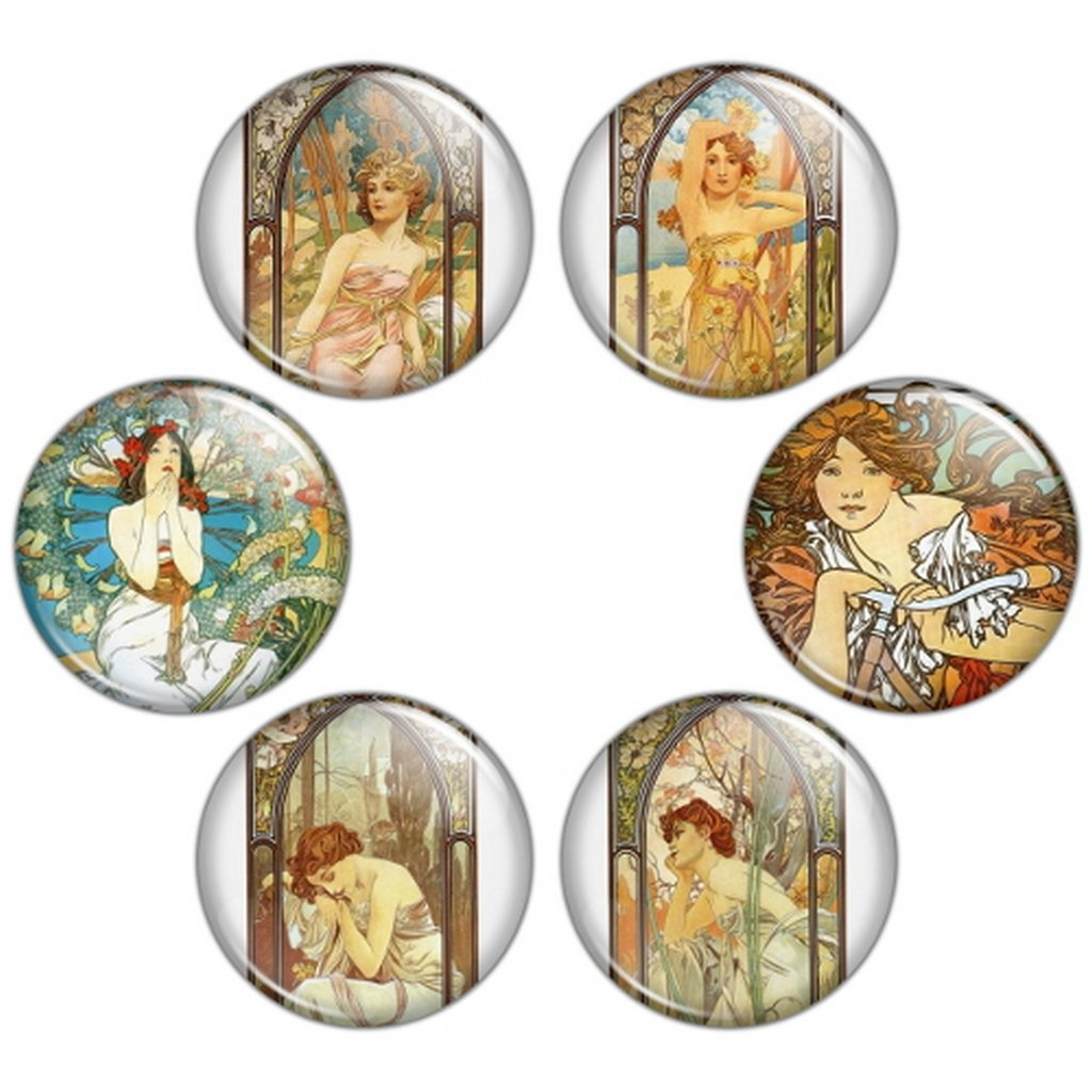 Button Bistro Women's Mucha Art Nouveau Artwork 1.25 inch Pinback Button Set #5