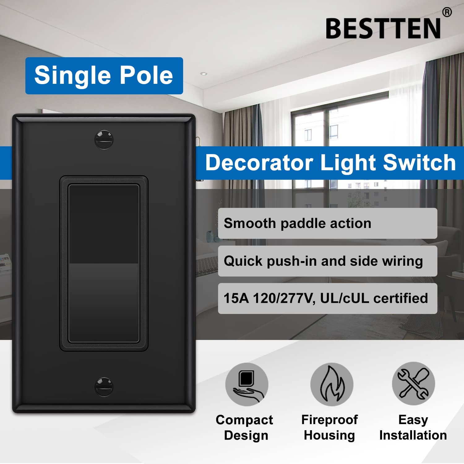 10 Pack] BESTTEN Black Light Switch Interrupter, Rocker Style