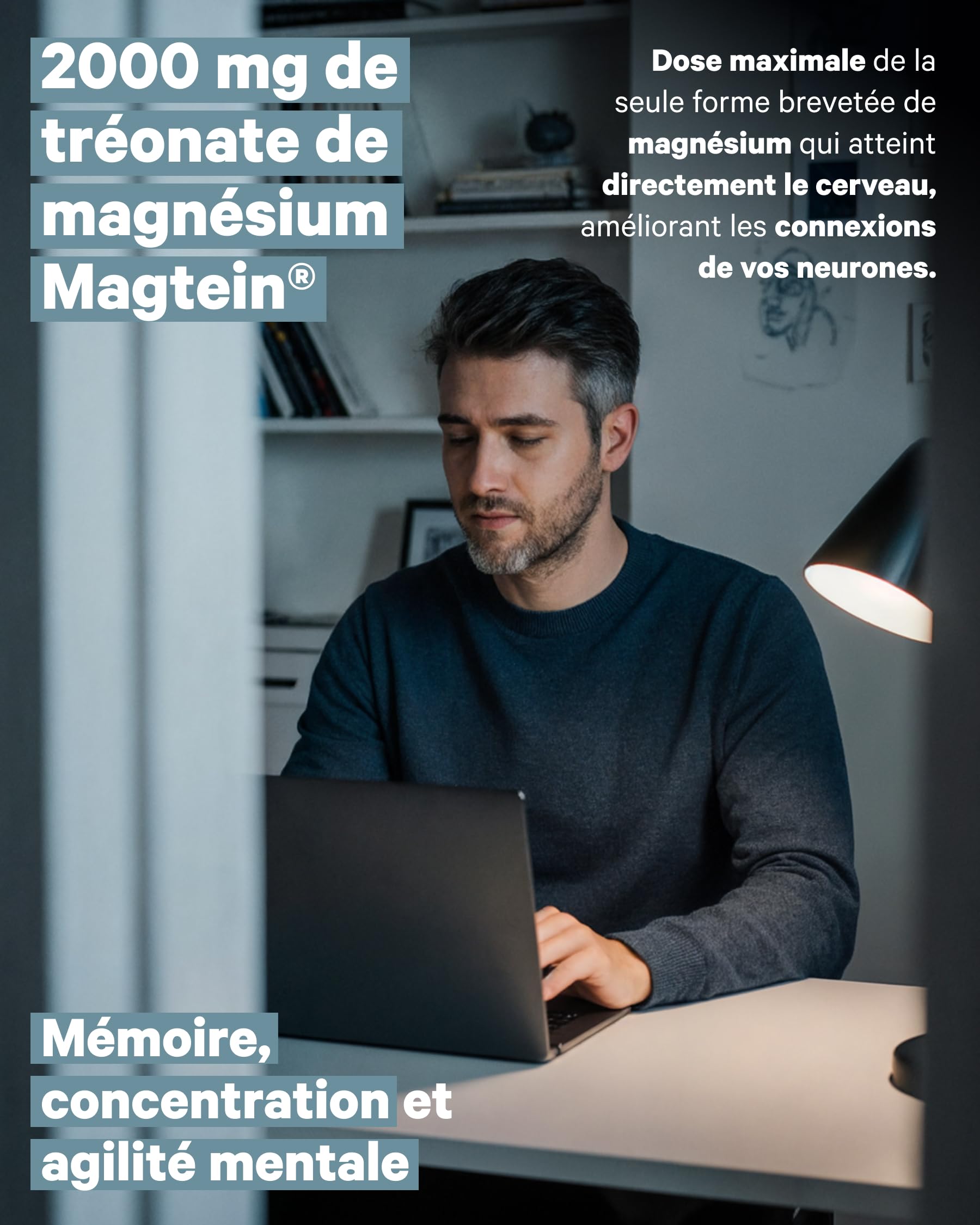 Magnésium L-Thréonate | Haute dose 2000 mg de Magtein® pur | Absorption optimale | 120 Gélules | Mémoire, Concentration, Sommeil profond