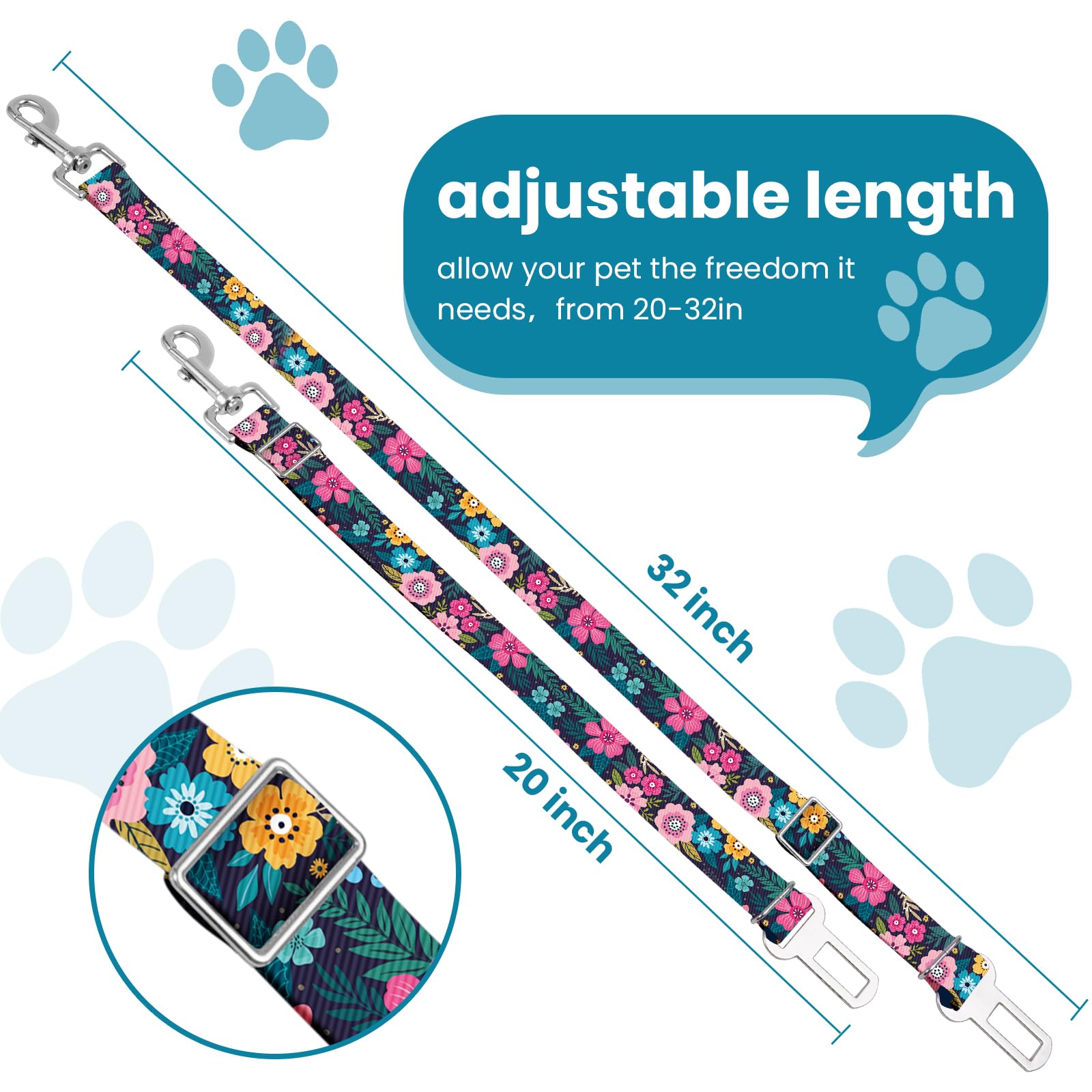 Adjustable pet cat and Dog car seat Belt，The Lanyard is Flexible and Adjustable from 20 to 33 inches (Floral) - image 2