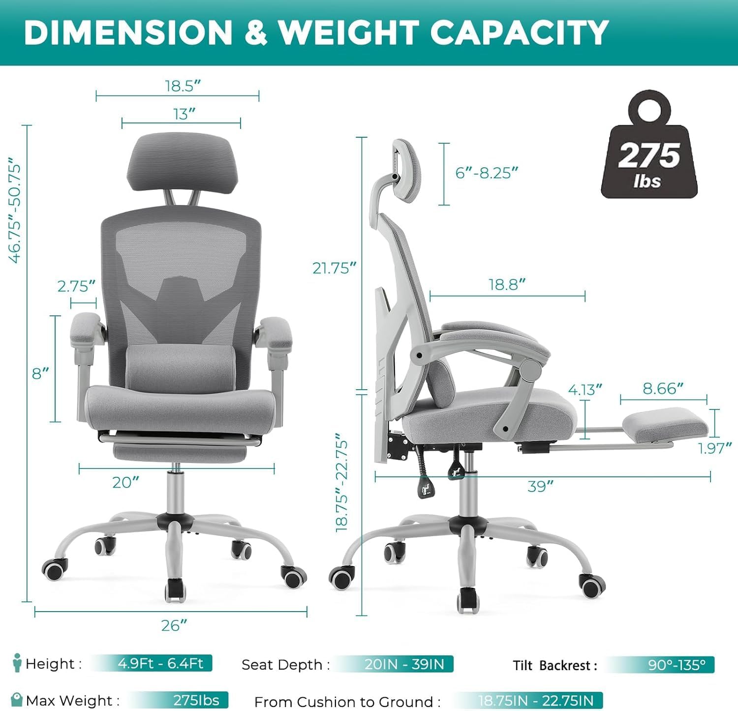 DUMOS Home Office Desk Chair with Footrest, High-Back Mesh Rolling Swivel Reclining Chairs with Wheels, Comfortable Headrest, Lumbar Support, Comfy Arms for Home, Office, Gaming, Student,Elegant Grey