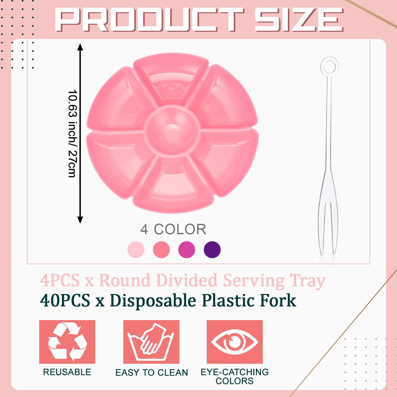 Zhehao 4 Pcs Sectional Round Plastic Serving Tray Platters Party Divided Tray with Disposable Fork, 10.6 Inch 7 Section Snack Platter Food Tray Nut Candy Veggie Fruit Dish Platter (Cute Color)