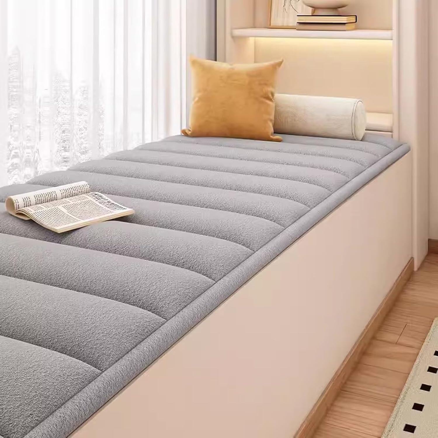 Soft Plush Bay Window Mat, Bay Window Cushion Seat Indoor, Custom Sizes & Shapes Light Gray Bench Cushion Cover for Indoor Tatami Sofa Decor Home Bedroom Living Room