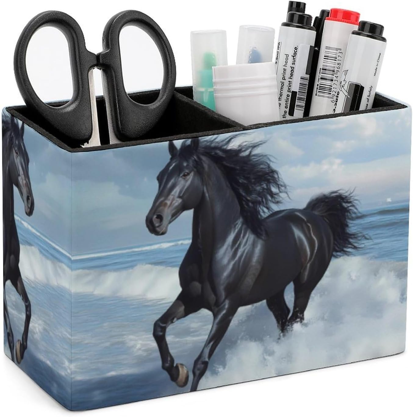 Black Horse Pencil Pen Holder PU Leather Desk Storage Organizer Makeup Brush Box