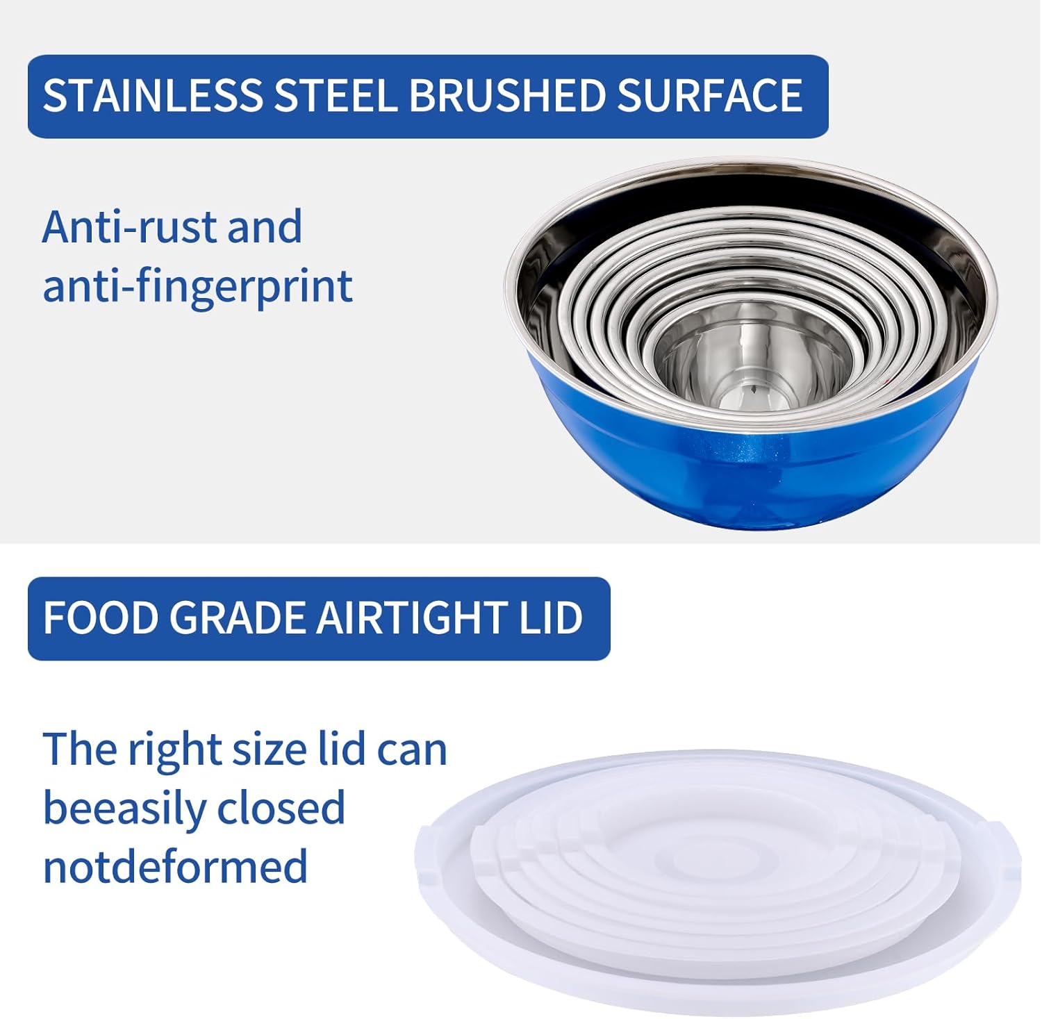 Blue Mixing Bowls with Airtight Lids, Stainless Steel Nesting Mixing Bowls Set of 7, Ideal for Baking, Prepping and Serving Food, Size 7, 3.6, 2.7, 2.1, 1.5, 1.1,0.8 QT, Stackable Design - Image 2