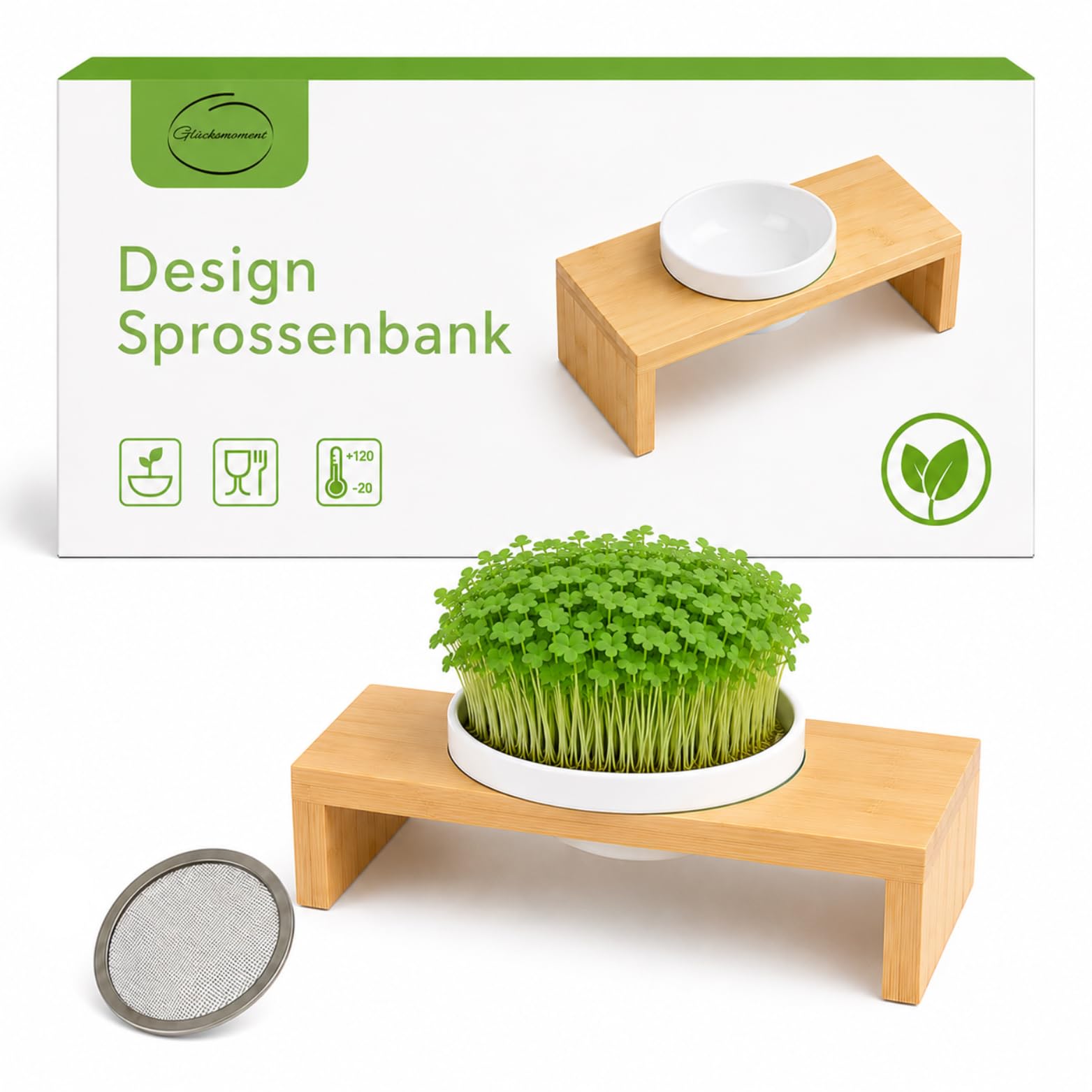 Glücksmoment Kressebank 23cm mit Keramik Kresse Anzuchtschale für Kressesamen, Sprossen & Microgreens, Sprossen Anzuchtset, Anzuchtregal, Anzuchttopf, Keimschale mit Kressesieb