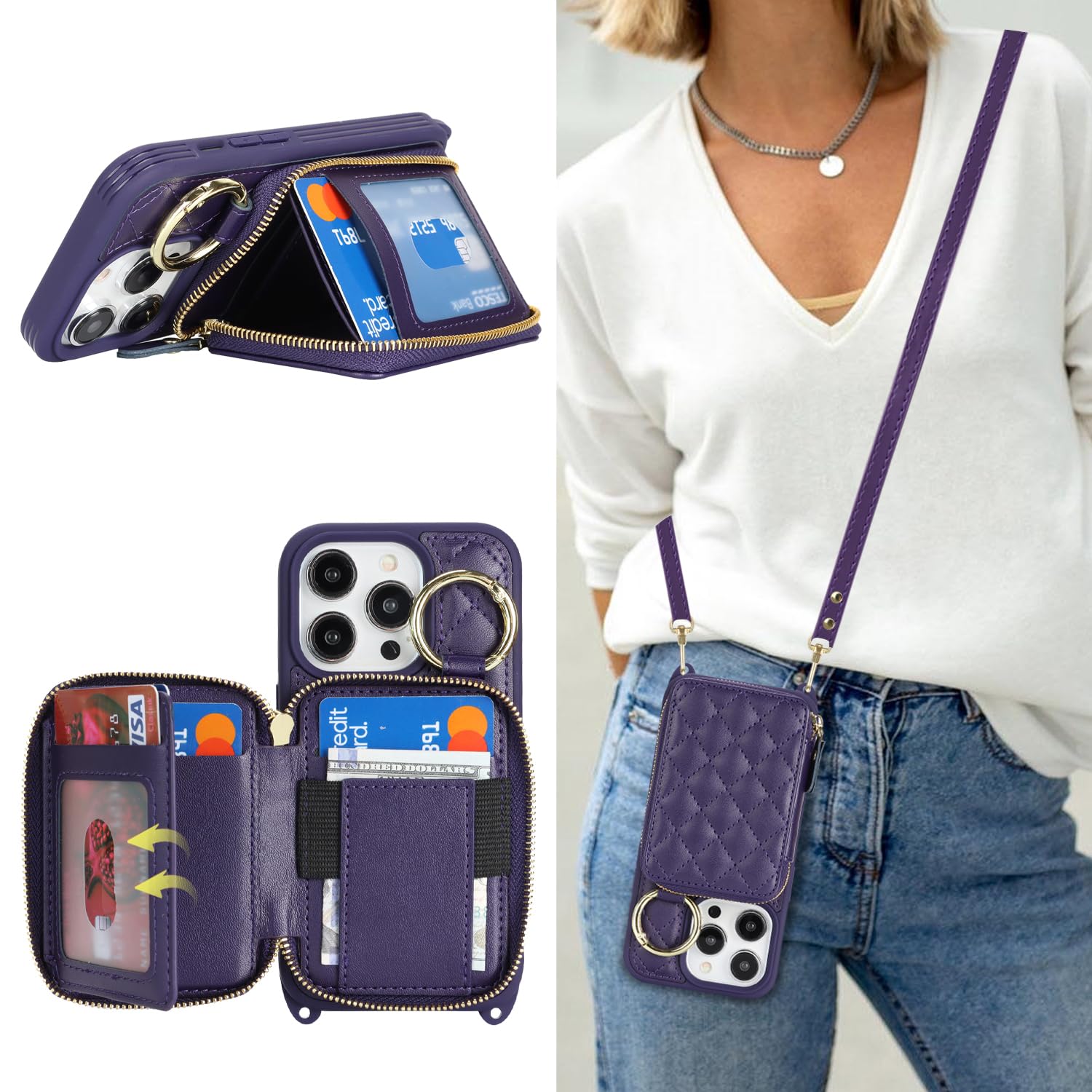 Crossbody Wallet Case for iPhone 13 Pro-Purple