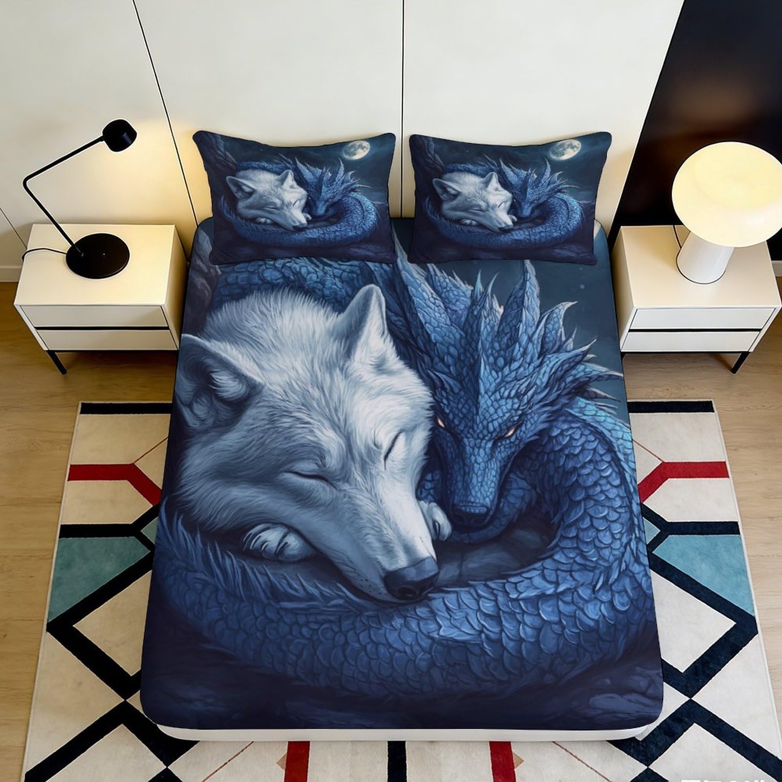 3D Printed Wolf Dragon Theme Fitted Sheet Microfiber Deep Pocket Non-Slip Bedroom Bedding Wolf Dragon Mattress Fitted Cover Washable for Home 200x200x25cm