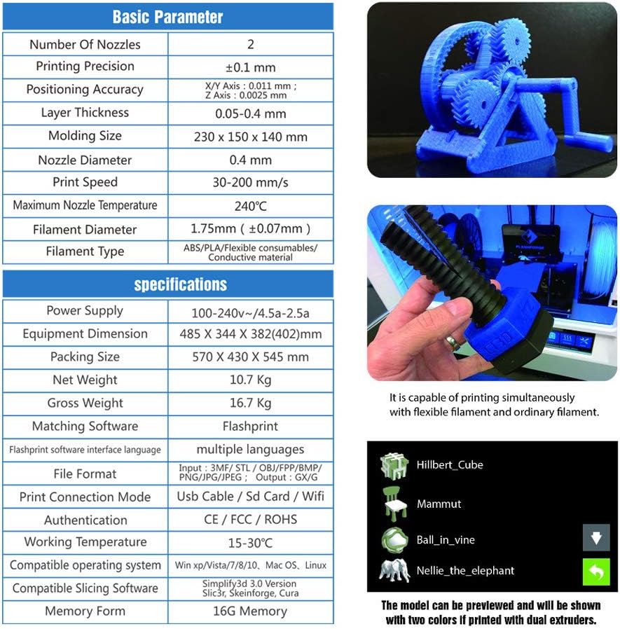 Flashforge Dreamer 3D Printer Dual Extruder Color Print WIFI Touchscreen W/2 Spool Fully Enclosed Chamber 3D Printer