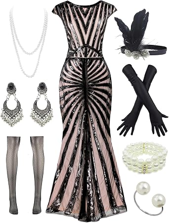 LELOVEFU Womens V Neck Short Sleeve Sequin Bridesmaid Gown Evening Party Mermaid Formal Dress with 20s Accessories Costume