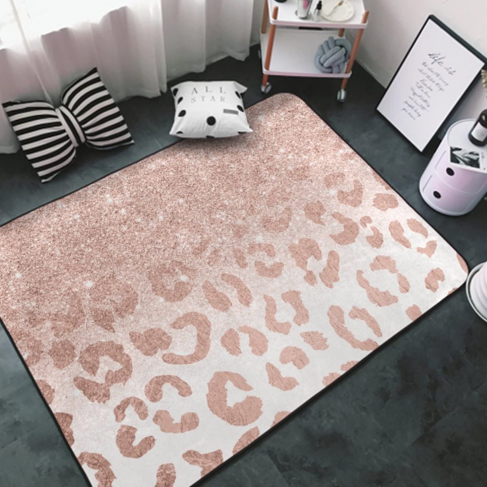 Area Rug Non Slip Cozy Carpets Home Decor Rug Floor Mat for Bedroom, Outdoor, Kitchen, Washable Carpet Pink Rose Gold Glitter Ombre Cheetah Leopard