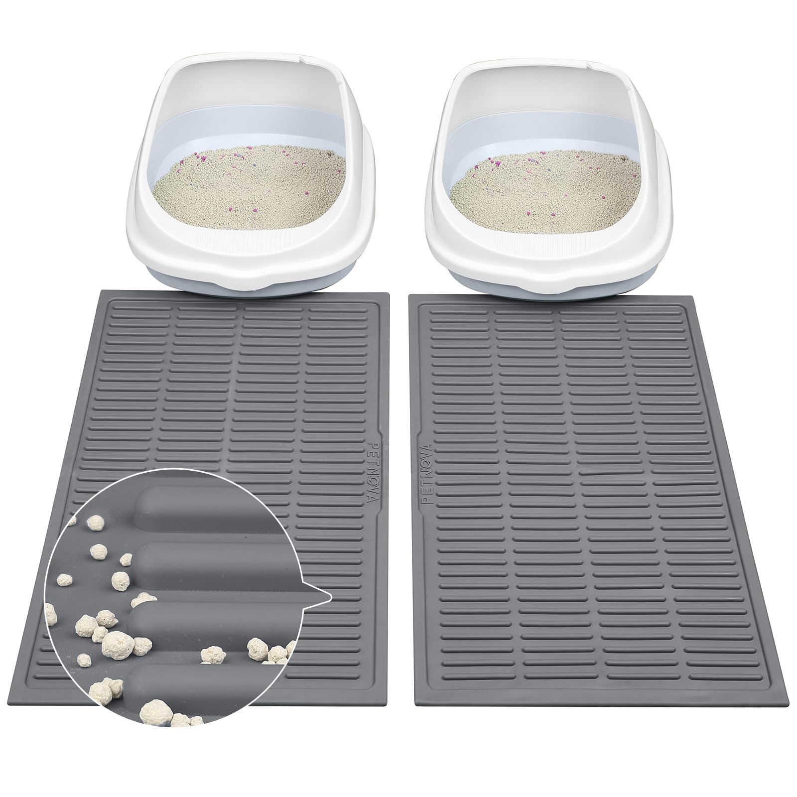 PetNova Cat Mat for Litter Box: Groove Design for Scatter Control - Easy Clean Silicone Cat Litter Mat (24"x15",Pack of 2,Grey)