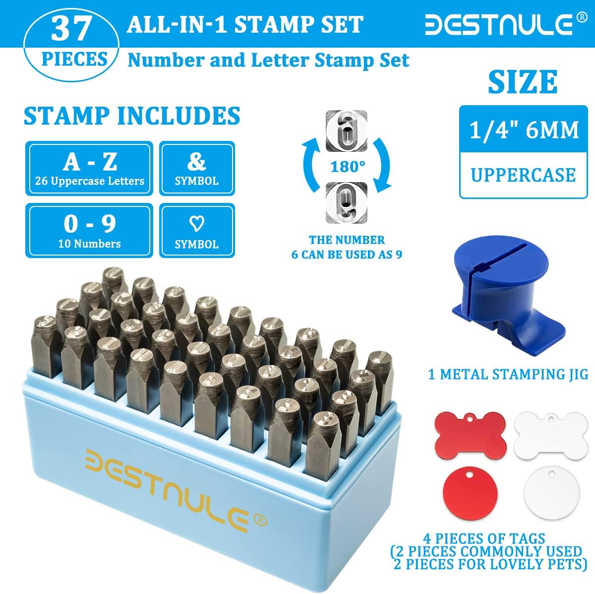BESTNULE Metal Stamping Kit, Number and Letter Stamp Set (A-Z, 0-9 and &, Love Symbol), Industrial Grade Hardened Carbon Steel, Perfect for Imprinting Metal, Wood, Plastic, Leather (1/4", 6MM)