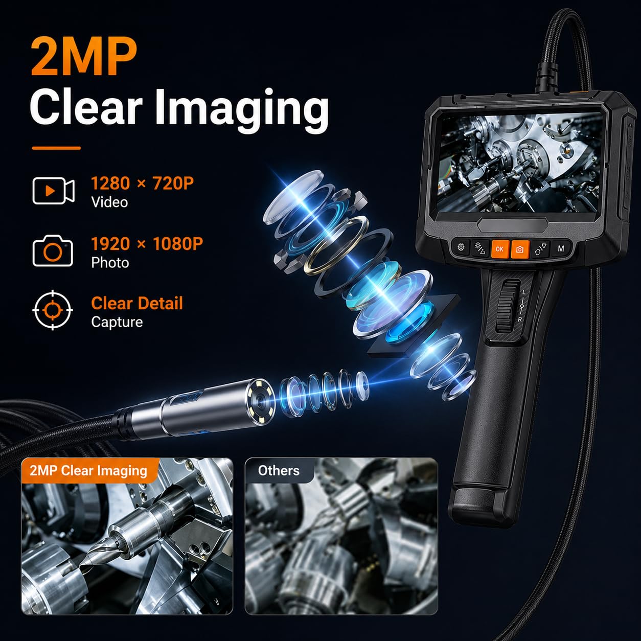 Caméra endoscopique industrielle, 5 pouces 2MP double objectif, 2M