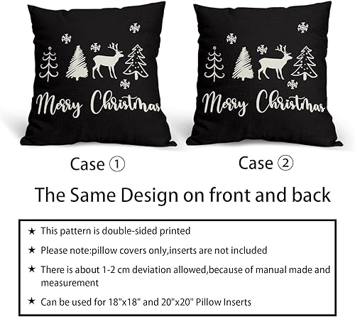 Miniatura 5 de Juego de 2 fundas de almohada de Navidad negras de 18 x 18 pulgadas, diseño de árbol de ciervo, copos de nieve, fundas de almohada decorativas de