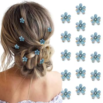 16 Pcs Small Sized Mini Pearl Claw Clips with Floral Design, Decorative Hair Accessories for Women and Girls, Ideal as Sweet Artificial Bangs Clips.blue