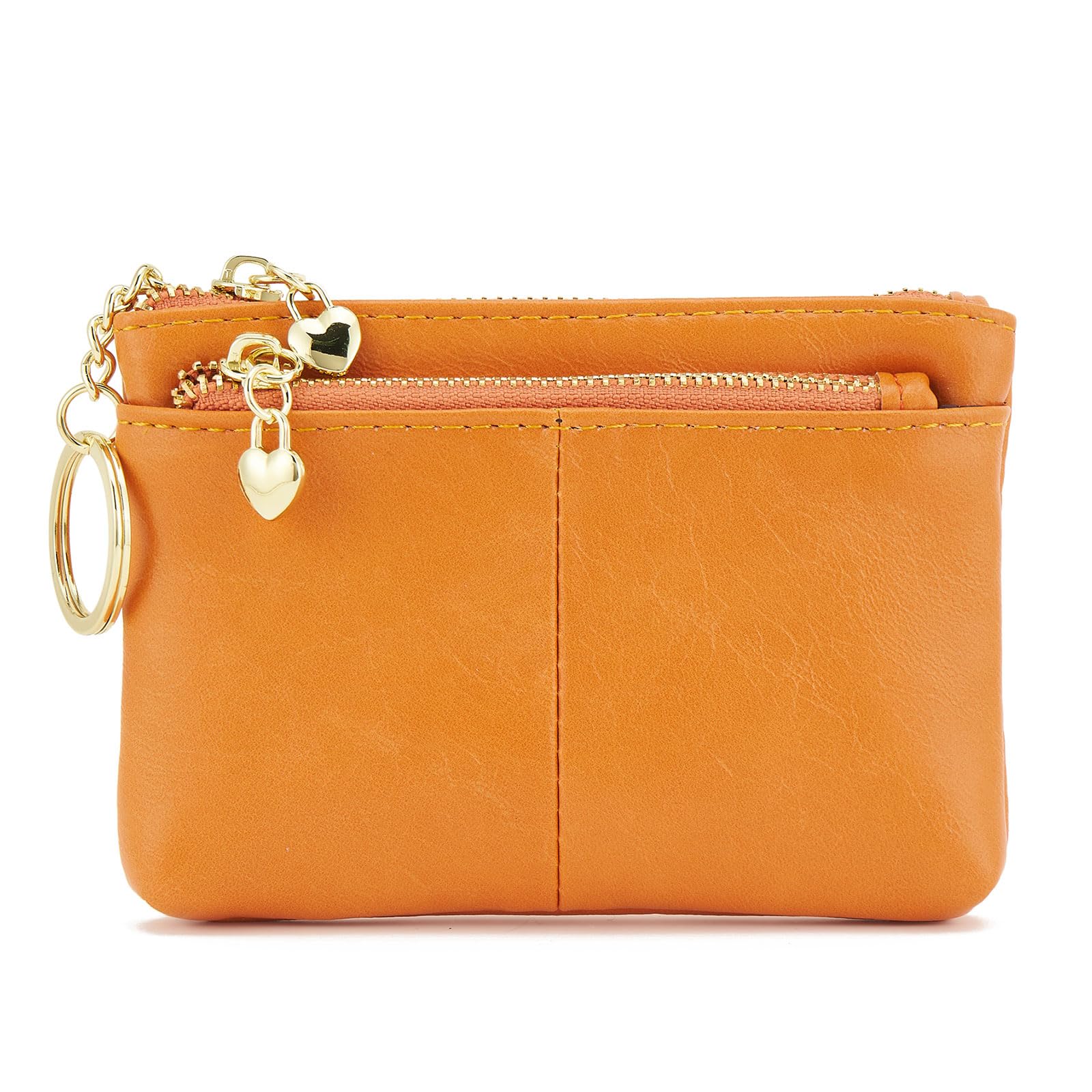 ZOOEASS Women PU Leather Zip Mini Coin Purse With Key Ring Triple Zipper Card Holder Wallet (Orange)