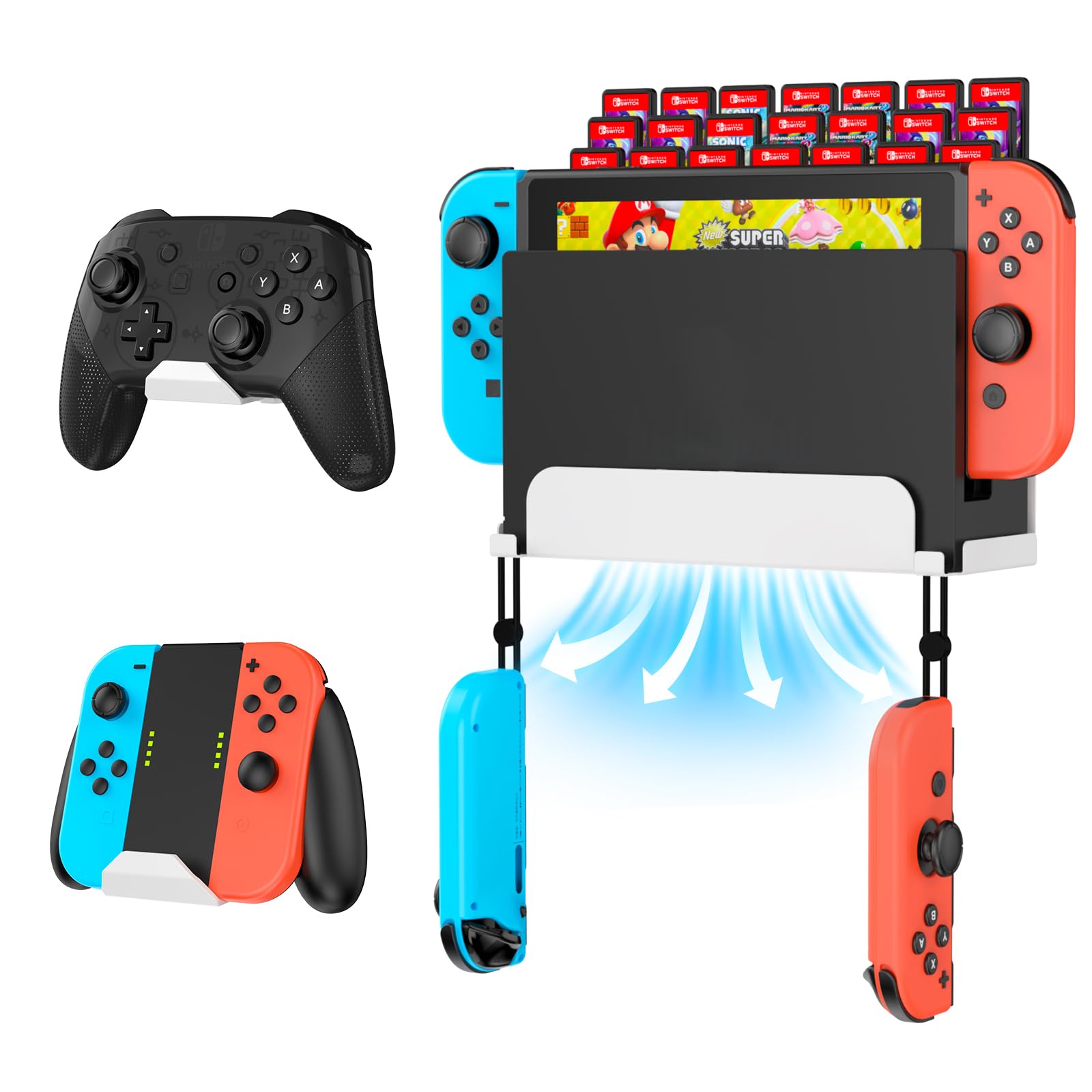 KUNSLUCK Supporto da parete per Nintendo Switch, supporto da parete con 2 controller e 28 supporti per carte da gioco (bianco)