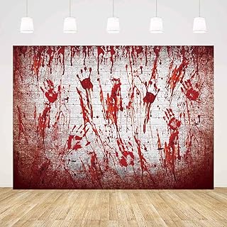 AIBIIN 7x5ft Halloween Bloody White Brick Wall Backdrop Handprint Bloodstain Photography Background Scary Blood Splatter Horrible Halloween Party Decorations Banner Photo Props