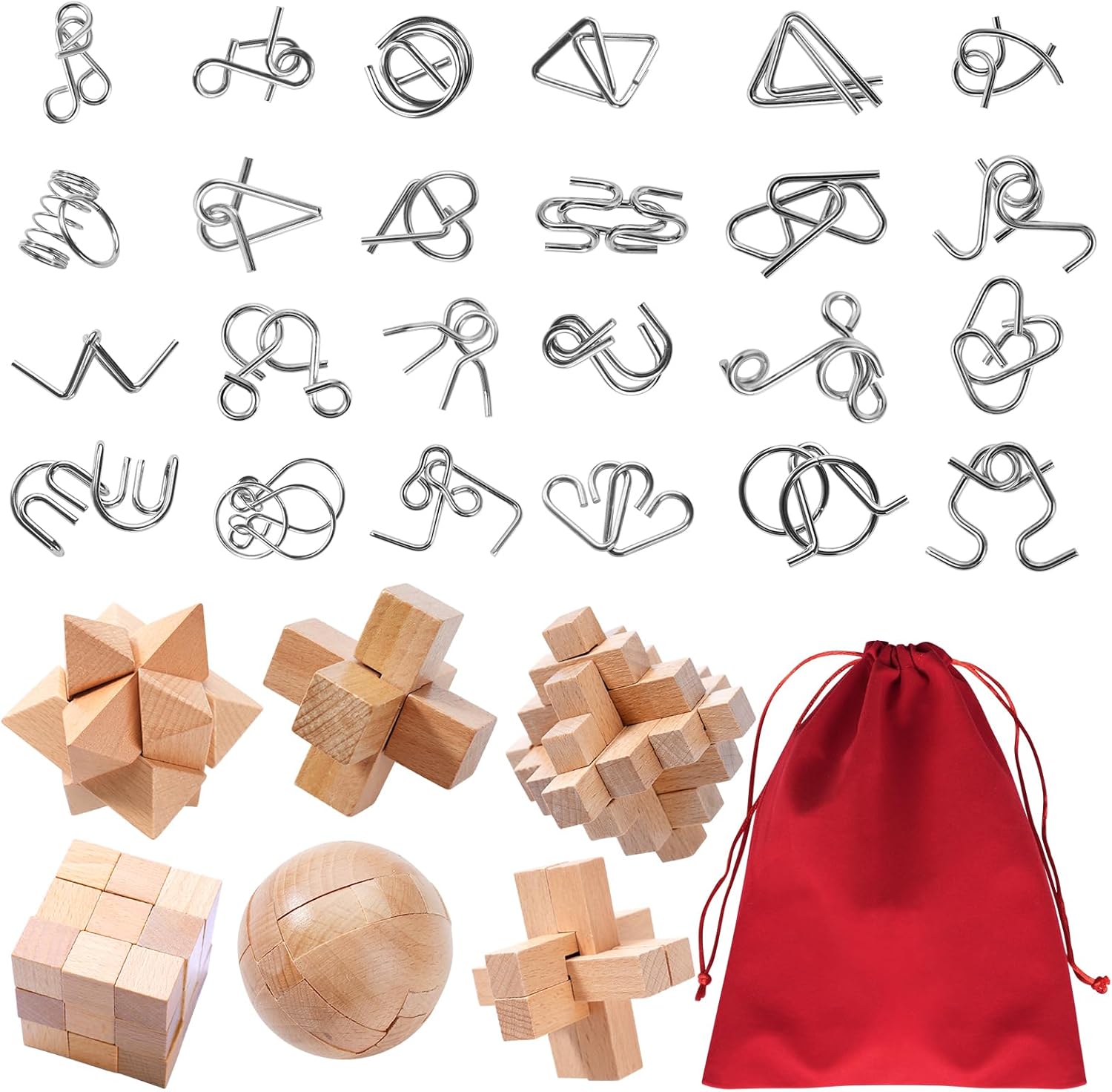 30pcs Metal & Wooden Brain Teaser Puzzles Set, 3D Brain Teasers Wire Puzzles for Adults Teens Kids, Educational IQ Unlock Interlock Puzzle, Entertaining & Thoughtful Gift Set