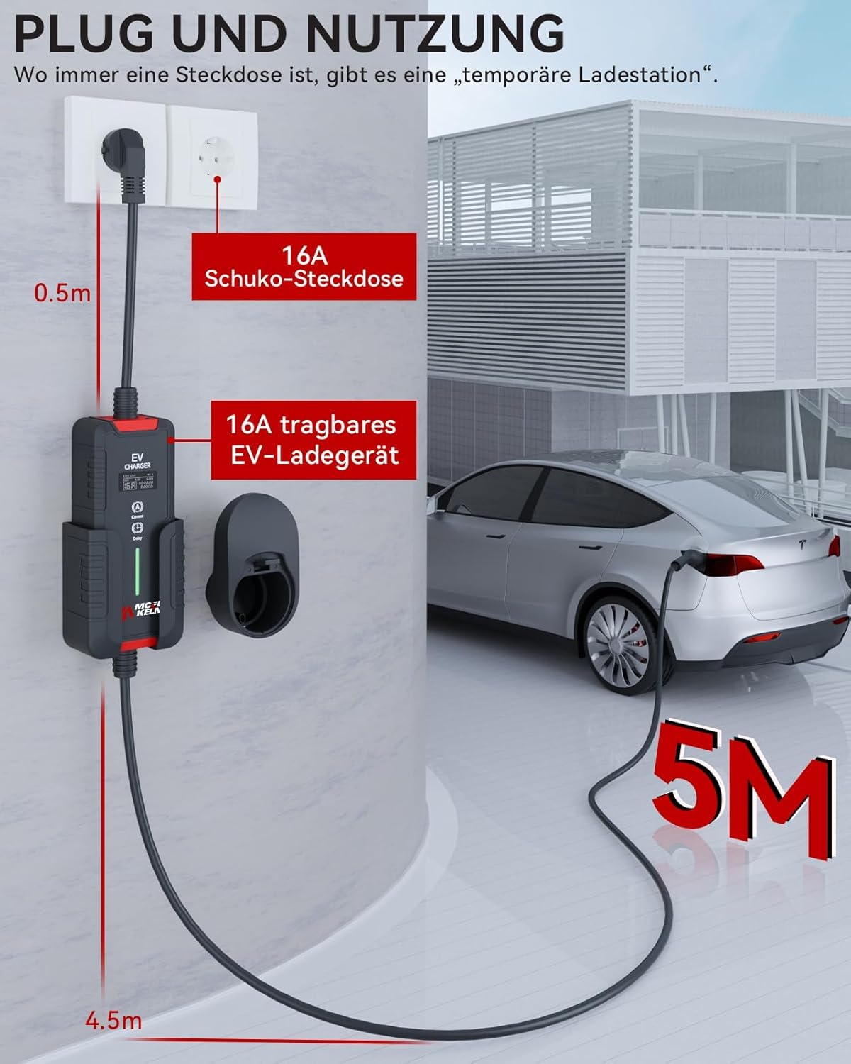 Typ 2 Ladekabel Schuko 3,6 kW - EV Ladegerät Typ 2 Schuko Umschaltbare Strom 6A/8A/10A/13A/16A| Einphasig |IP65 | 5M Mode 3 Ladekabel für Elektroautos & Hybrid IEC 62196-2 Steckdose
