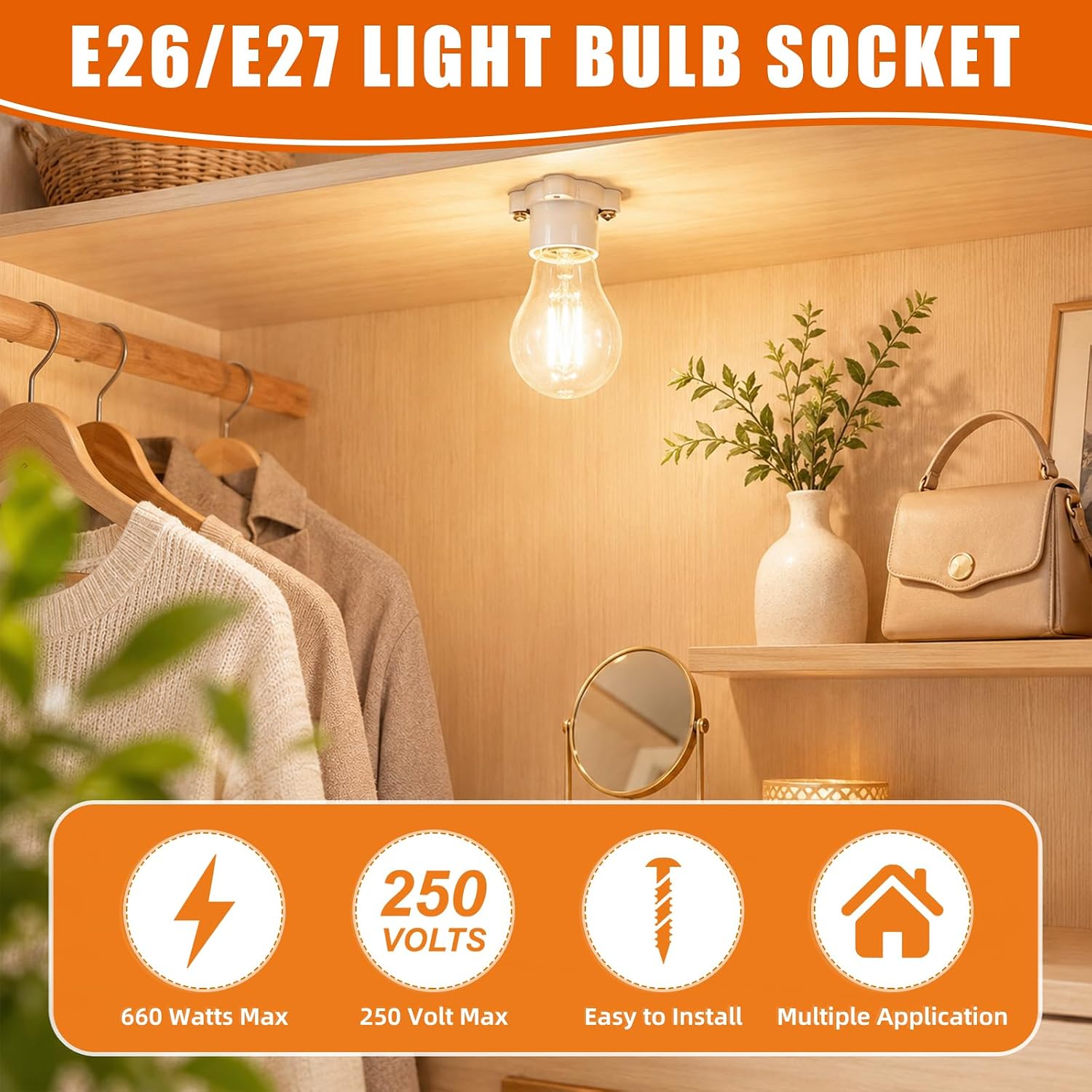 8 Pack Porcelain Lamp Holder E26/E27 Medium Base Keyless Threaded Socket | 660w 250v Heat Resistant, Ceramic Light Socket, with 25 ft 18 Awg Bare Copper Wire, for Garage, Basement Lighting Repair