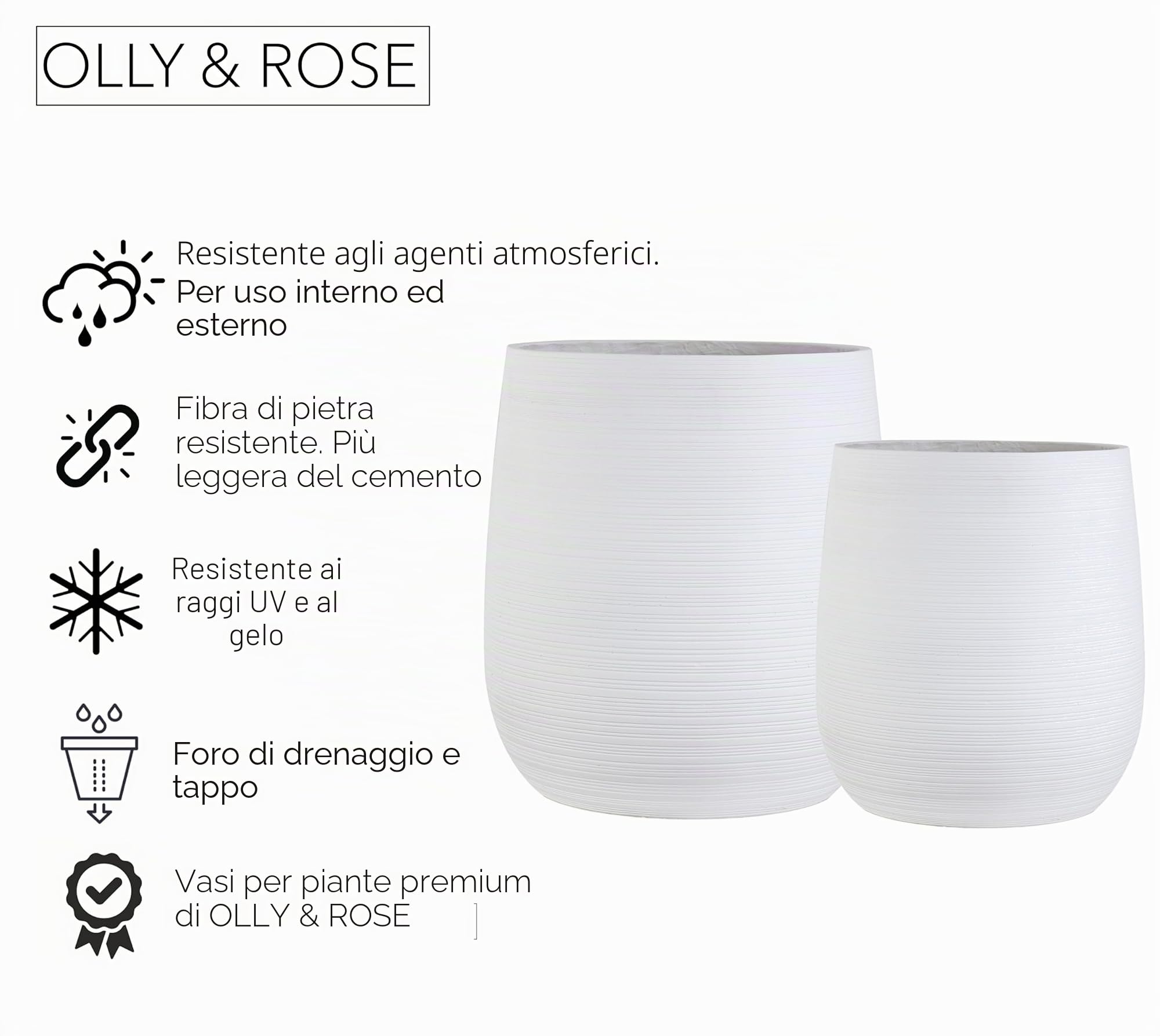 Olly & Rose Vaso per piante extra large con motivo – vaso da giardino bianco – XL – H 50 cm P 45 cm + H 40 cm P 38 cm (vernice migliorata)
