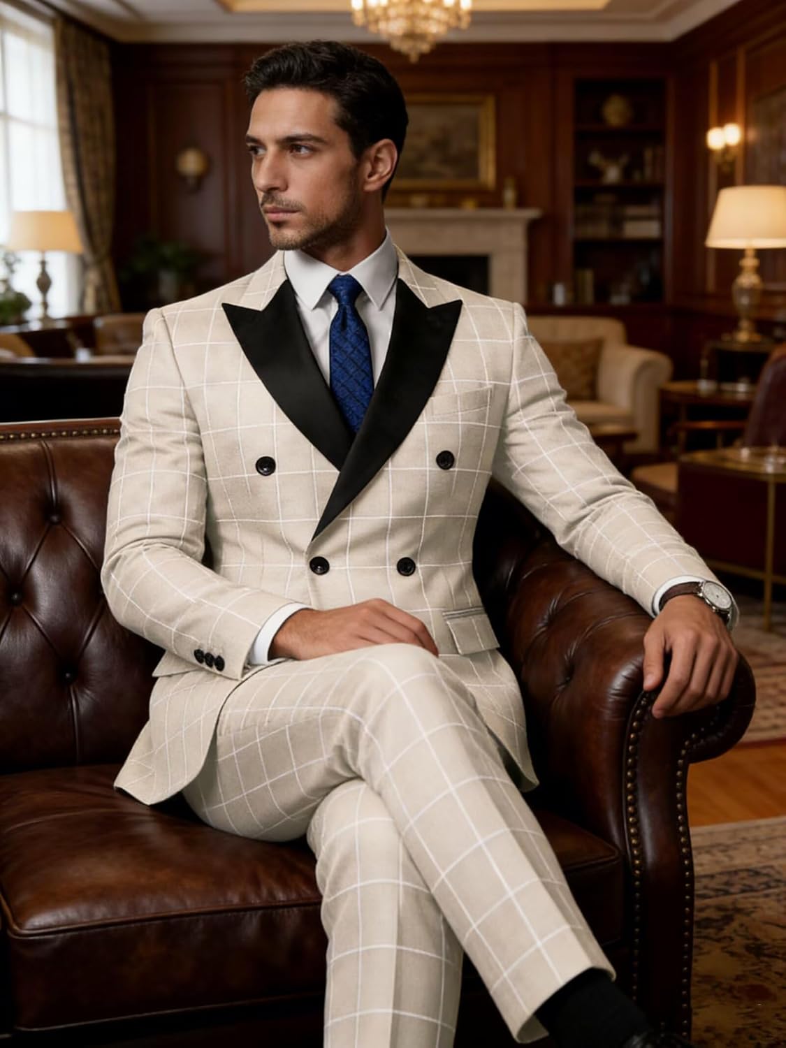 Men's Double Breasted Plaid Suit 2 Piece Slim Fit Checked Tuxedo Suit Jacket Pant Wedding Guest, Business Dinner