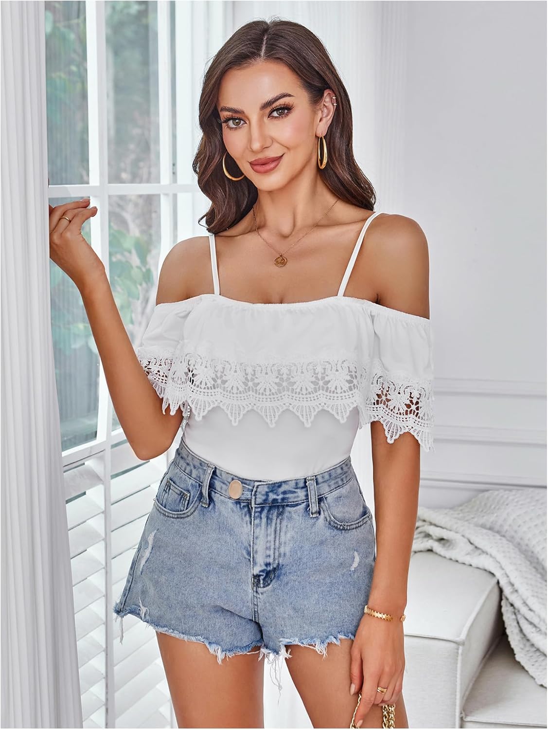 SweatyRocks Women's Off The Shoulder Spaghetti Strap Tops Short Sleeve Lace Trim Blouse - Image 5