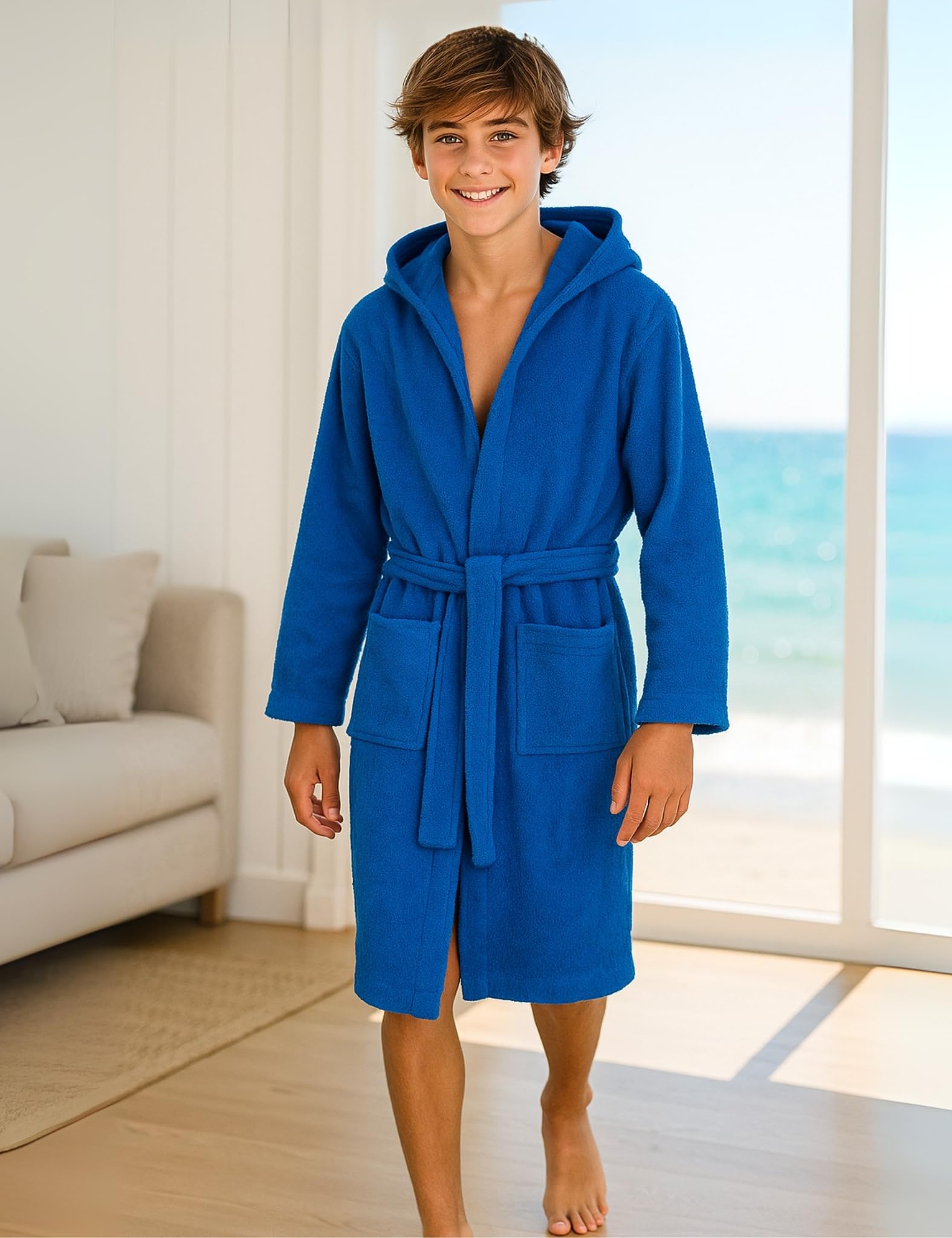 Morgenstern Albornoz de Felpa para Niños - Niño y Niña - 100% Algodón OEKO-TEX® - Bata de Baño 2 Bolsillos, Cinturón y Capucha